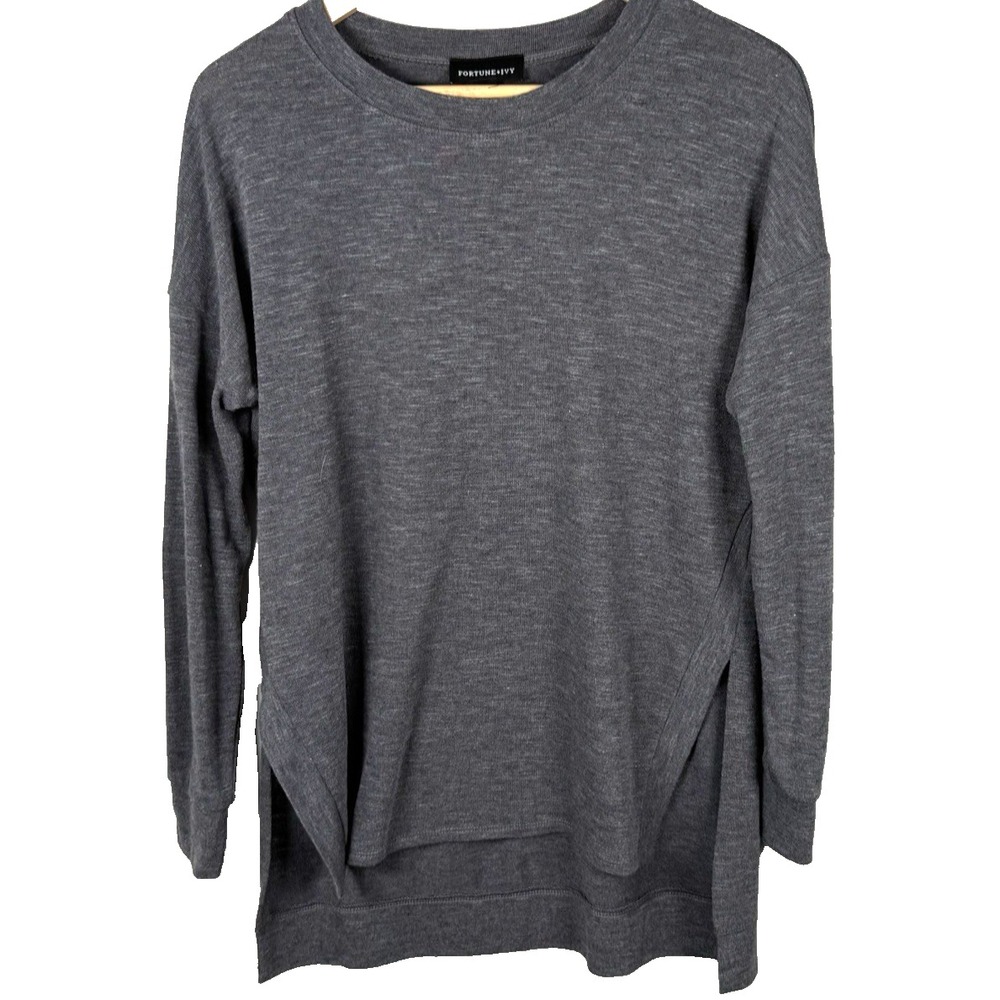 Fortune + Ivy Pullover Round Neck Asymmetrical Hem Sweater Tunic Gray Women's S